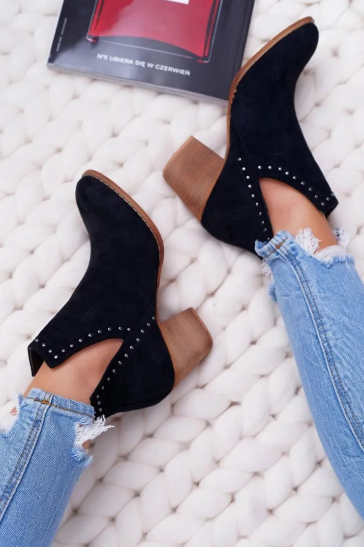 Boto Botki Damskie Na Słupku Wsuwane z Wycięciami Czarne ManiMani