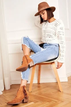 Damskie Boto Botki Damskie Na Słupku Z Frędzlami Kowbojki Camel Sibi