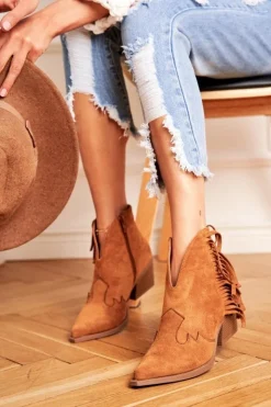 Damskie Boto Botki Damskie Na Słupku Z Frędzlami Kowbojki Camel Sibi