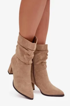 Best Boto Botki Damskie Na Słupku Z Marszczeniem Ocieplane Beżowe Amelise Beżowy