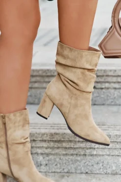 Best Boto Botki Damskie Na Słupku Z Marszczeniem Ocieplane Beżowe Amelise Beżowy