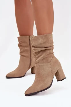 Best Boto Botki Damskie Na Słupku Z Marszczeniem Ocieplane Beżowe Amelise Beżowy