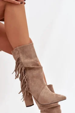 Damskie Boto Botki Damskie Na Słupku Z Frędzlami I Marszczeniem Ocieplane Beżowe Darlina