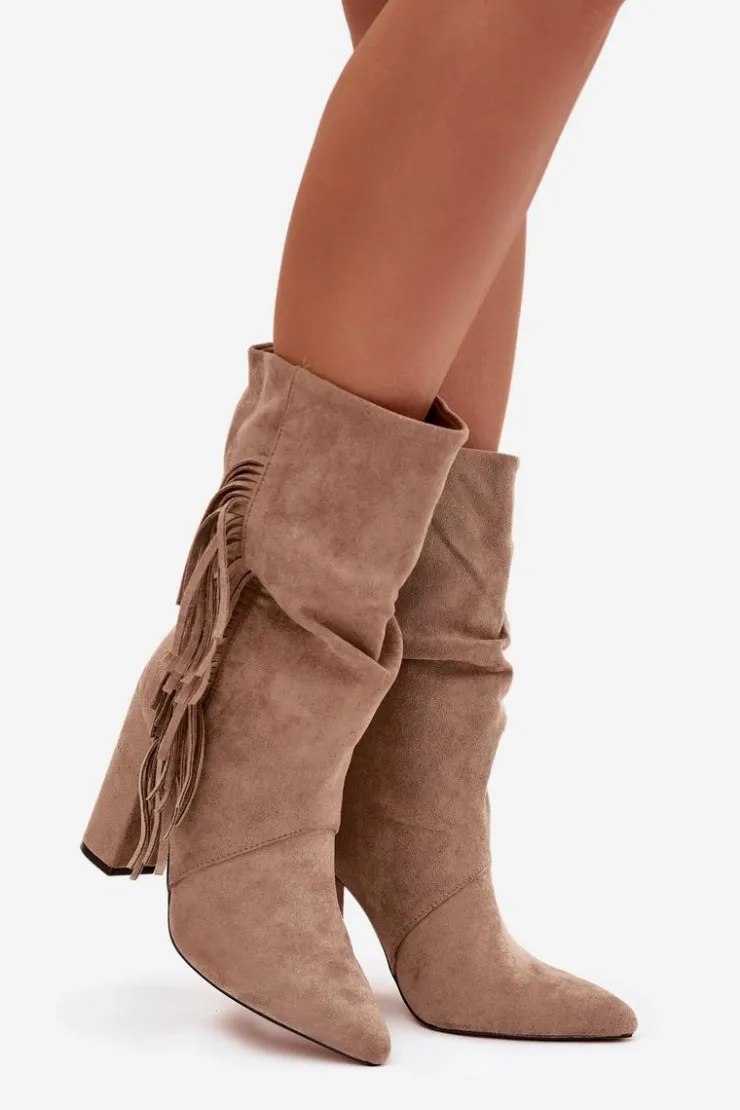 Damskie Boto Botki Damskie Na Słupku Z Frędzlami I Marszczeniem Ocieplane Beżowe Darlina