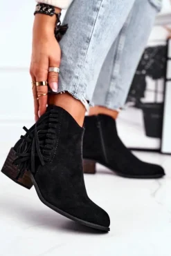 Boto Botki Damskie Na Słupku Z Frędzlami Kowbojki Czarne Mirage