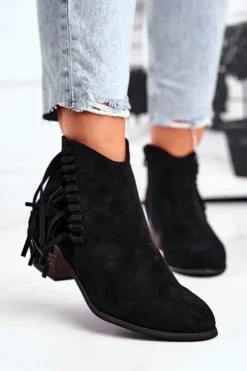 Boto Botki Damskie Na Słupku Z Frędzlami Kowbojki Czarne Mirage