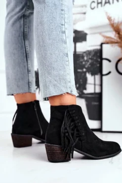 Boto Botki Damskie Na Słupku Z Frędzlami Kowbojki Czarne Mirage