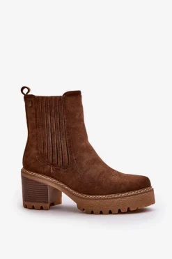 Boto Botki Ocieplane|Brązowe I Beżowe Botki*Botki Damskie Na Słupku Z Eko Zamszu Ocieplane Ciemnobrązowe Nevitas Brązowy