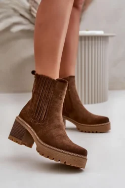 Boto Botki Ocieplane|Brązowe I Beżowe Botki*Botki Damskie Na Słupku Z Eko Zamszu Ocieplane Ciemnobrązowe Nevitas Brązowy