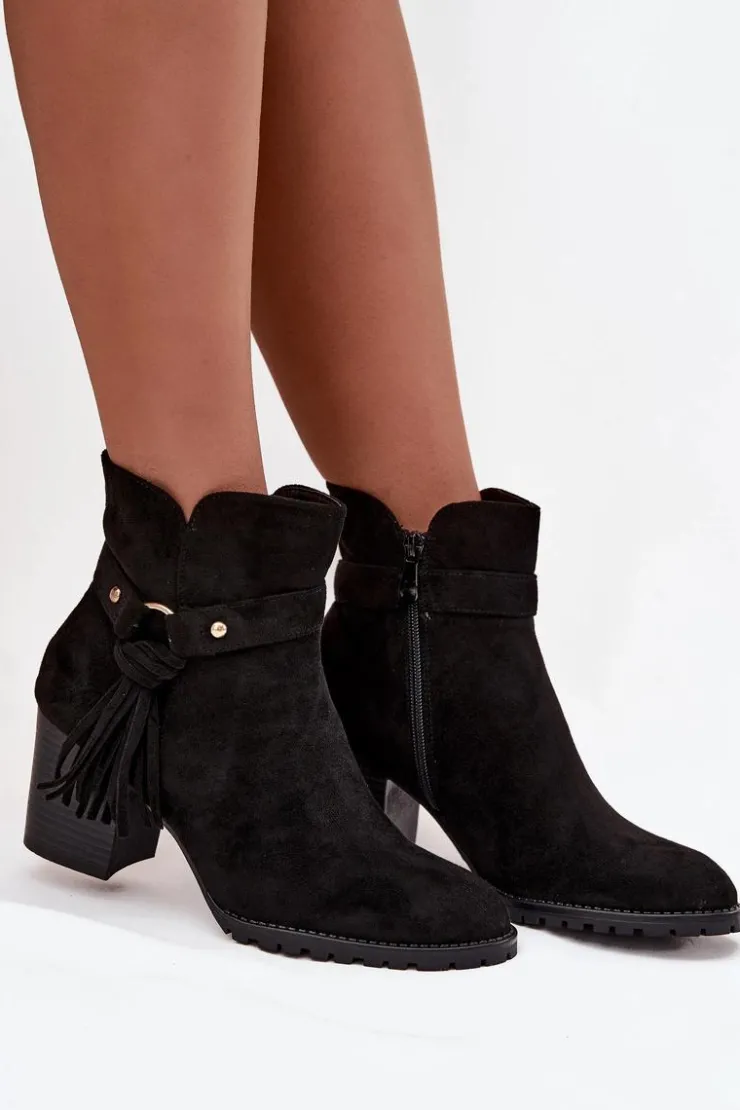 Best Boto Botki Damskie Na Słupku Z Frędzlami Czarne Rosabella Czarny