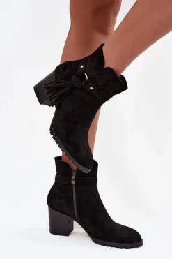 Best Boto Botki Damskie Na Słupku Z Frędzlami Czarne Rosabella Czarny