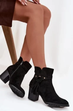 Best Boto Botki Damskie Na Słupku Z Frędzlami Czarne Rosabella Czarny