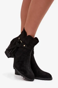 Best Boto Botki Damskie Na Słupku Z Frędzlami Czarne Rosabella Czarny
