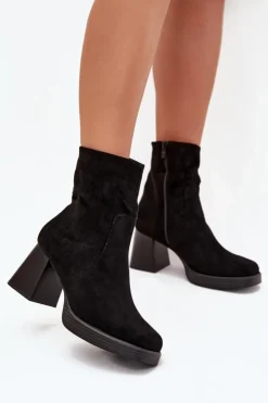 Damskie Boto Botki Damskie Na Słupku Z Eko Zamszu Zamek Czarne Serinna