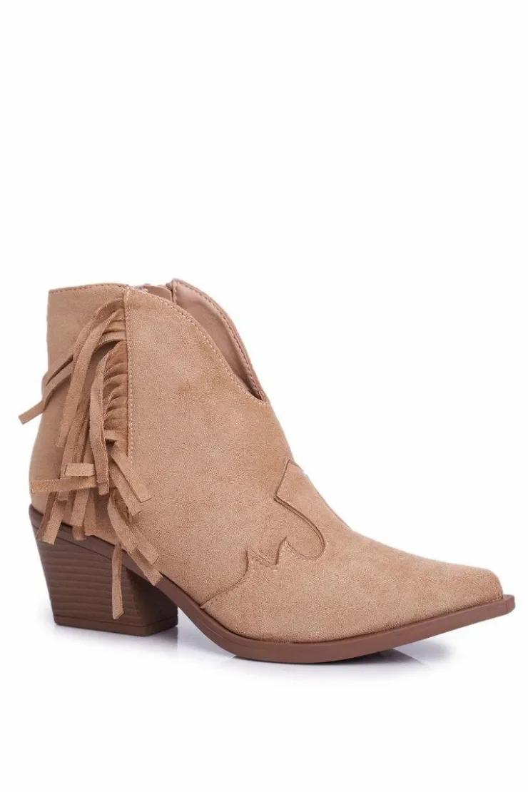 Boto Botki Wiosenne|Botki Na Słupku*Botki Damskie Na Słupku Z Frędzlami Kowbojki Beżowe Sibi