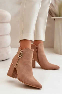 Boto Brązowe I Beżowe Botki|Botki Na Obcasie*Botki Damskie Na Słupku Z Noskami W Szpic Eko Zamszowe Ocieplane Brązowe Raisha