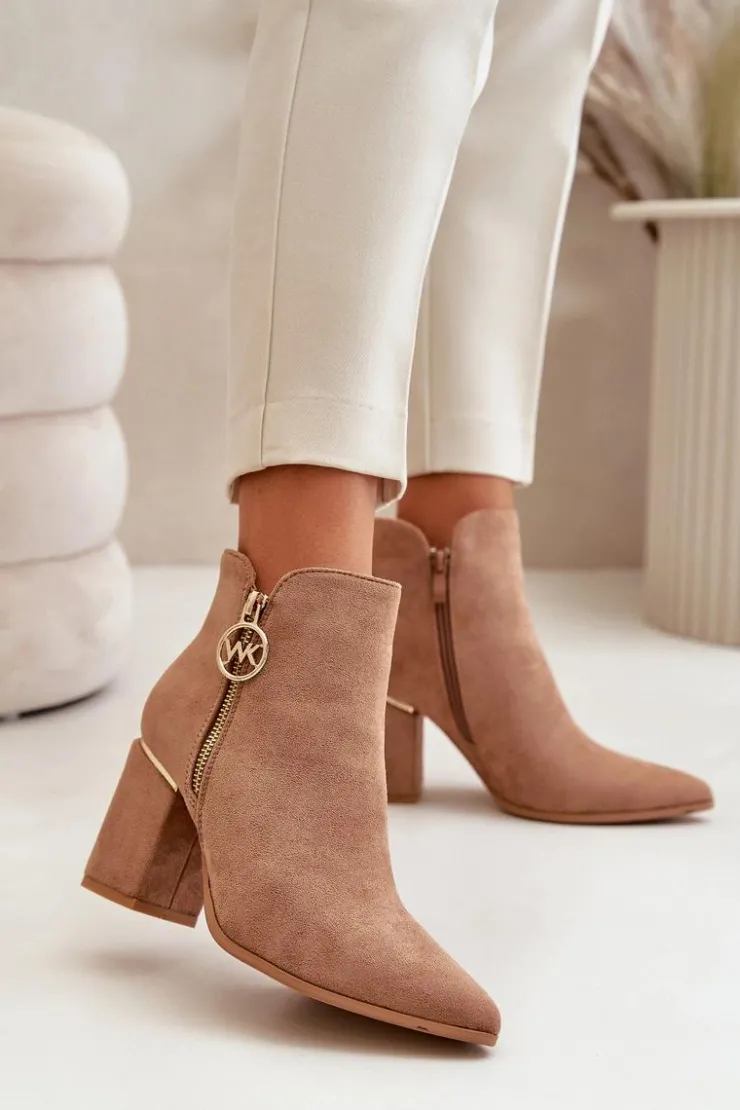 Boto Brązowe I Beżowe Botki|Botki Na Obcasie*Botki Damskie Na Słupku Z Noskami W Szpic Eko Zamszowe Ocieplane Brązowe Raisha