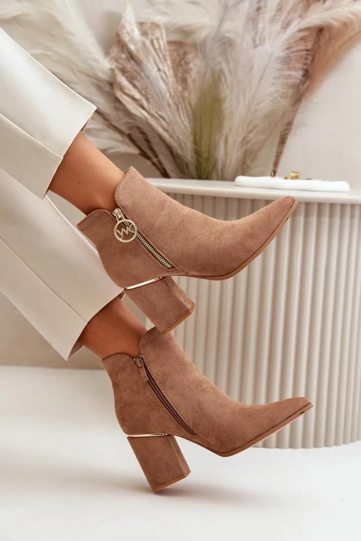 Boto Brązowe I Beżowe Botki|Botki Na Obcasie*Botki Damskie Na Słupku Z Noskami W Szpic Eko Zamszowe Ocieplane Brązowe Raisha