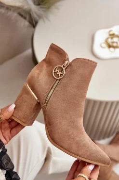 Boto Brązowe I Beżowe Botki|Botki Na Obcasie*Botki Damskie Na Słupku Z Noskami W Szpic Eko Zamszowe Ocieplane Brązowe Raisha