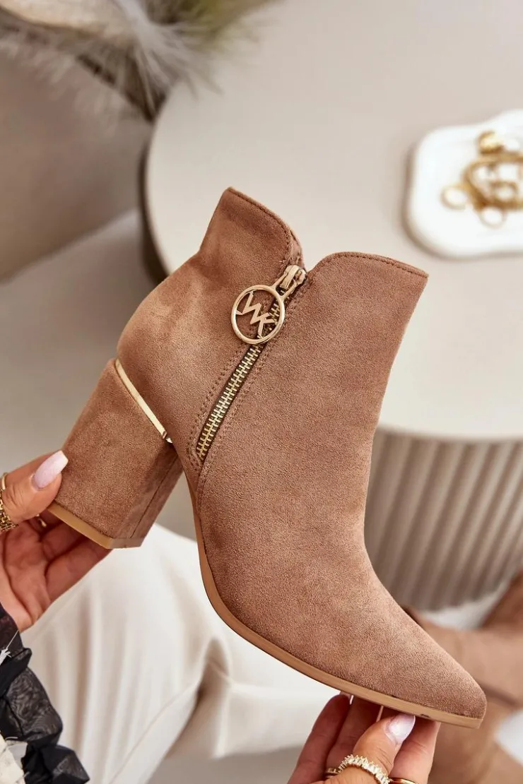 Boto Brązowe I Beżowe Botki|Botki Na Obcasie*Botki Damskie Na Słupku Z Noskami W Szpic Eko Zamszowe Ocieplane Brązowe Raisha