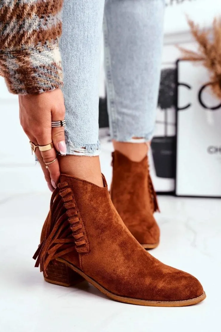 Damskie Boto Botki Damskie Na Słupku Z Frędzlami Kowbojki Camel Mirage