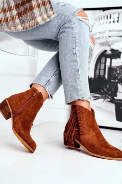 Damskie Boto Botki Damskie Na Słupku Z Frędzlami Kowbojki Camel Mirage