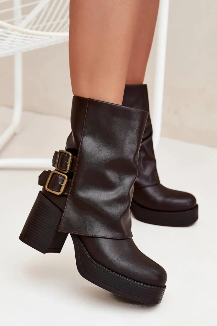 Boto Botki Na Obcasie*Botki Damskie Na Słupku Z Klamrami Czekoladowe Marena Brązowy