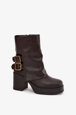 Boto Botki Na Obcasie*Botki Damskie Na Słupku Z Klamrami Czekoladowe Marena Brązowy