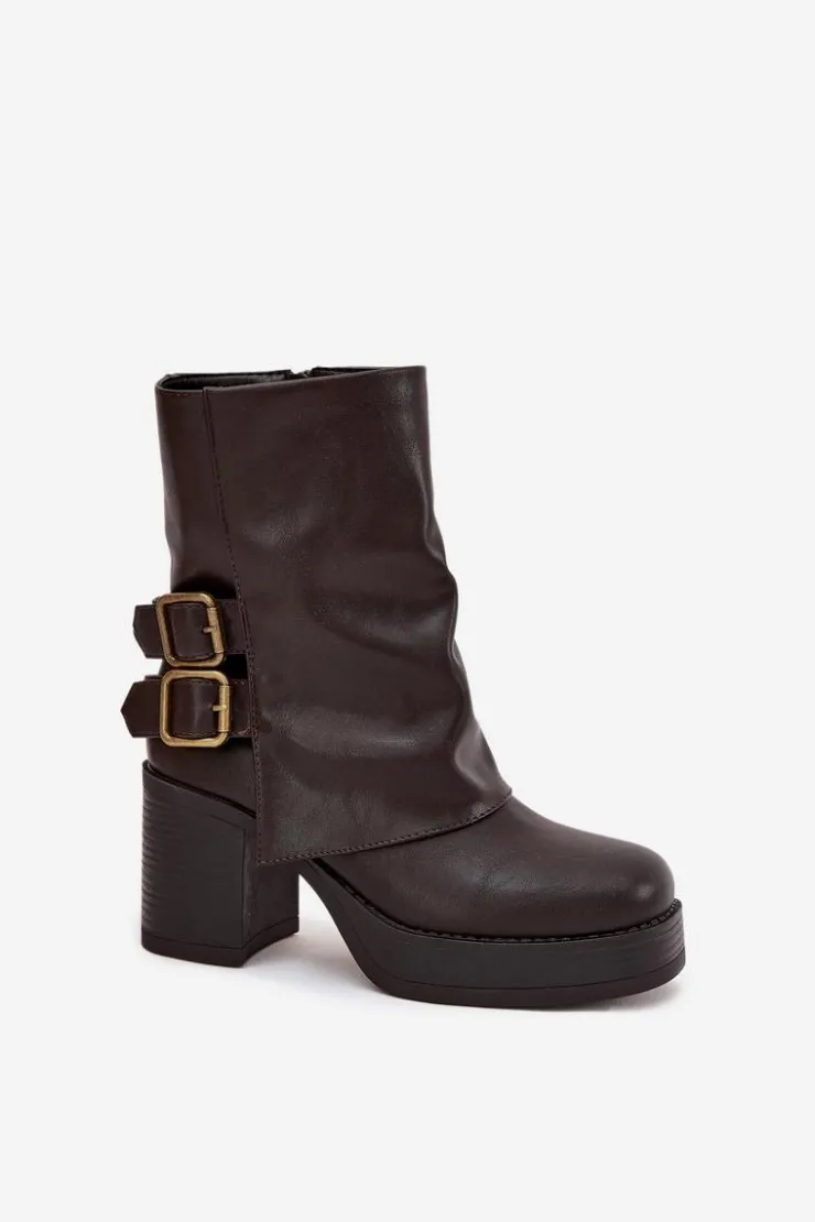 Boto Botki Na Obcasie*Botki Damskie Na Słupku Z Klamrami Czekoladowe Marena Brązowy