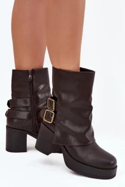 Boto Botki Na Obcasie*Botki Damskie Na Słupku Z Klamrami Czekoladowe Marena Brązowy