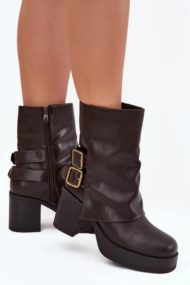 Boto Botki Na Obcasie*Botki Damskie Na Słupku Z Klamrami Czekoladowe Marena Brązowy