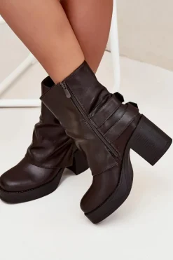 Boto Botki Na Obcasie*Botki Damskie Na Słupku Z Klamrami Czekoladowe Marena Brązowy