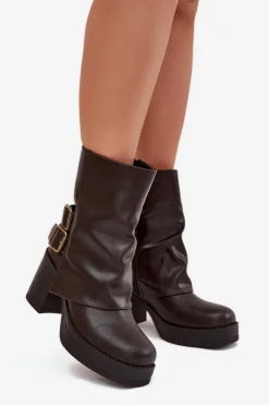 Boto Botki Na Obcasie*Botki Damskie Na Słupku Z Klamrami Czekoladowe Marena Brązowy