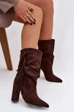 Boto Botki Ocieplane|Botki Na Słupku*Botki Damskie Na Słupku Z Frędzlami I Marszczeniem Ocieplane Czekoladowe Darlina Brązowy