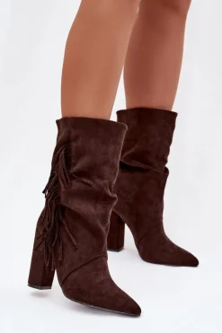 Boto Botki Ocieplane|Botki Na Słupku*Botki Damskie Na Słupku Z Frędzlami I Marszczeniem Ocieplane Czekoladowe Darlina Brązowy