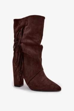 Boto Botki Ocieplane|Botki Na Słupku*Botki Damskie Na Słupku Z Frędzlami I Marszczeniem Ocieplane Czekoladowe Darlina Brązowy