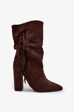 Boto Botki Ocieplane|Botki Na Słupku*Botki Damskie Na Słupku Z Frędzlami I Marszczeniem Ocieplane Czekoladowe Darlina Brązowy