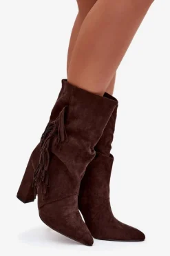 Boto Botki Ocieplane|Botki Na Słupku*Botki Damskie Na Słupku Z Frędzlami I Marszczeniem Ocieplane Czekoladowe Darlina Brązowy