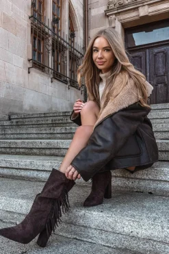 Boto Botki Ocieplane|Botki Na Słupku*Botki Damskie Na Słupku Z Frędzlami I Marszczeniem Ocieplane Czekoladowe Darlina Brązowy