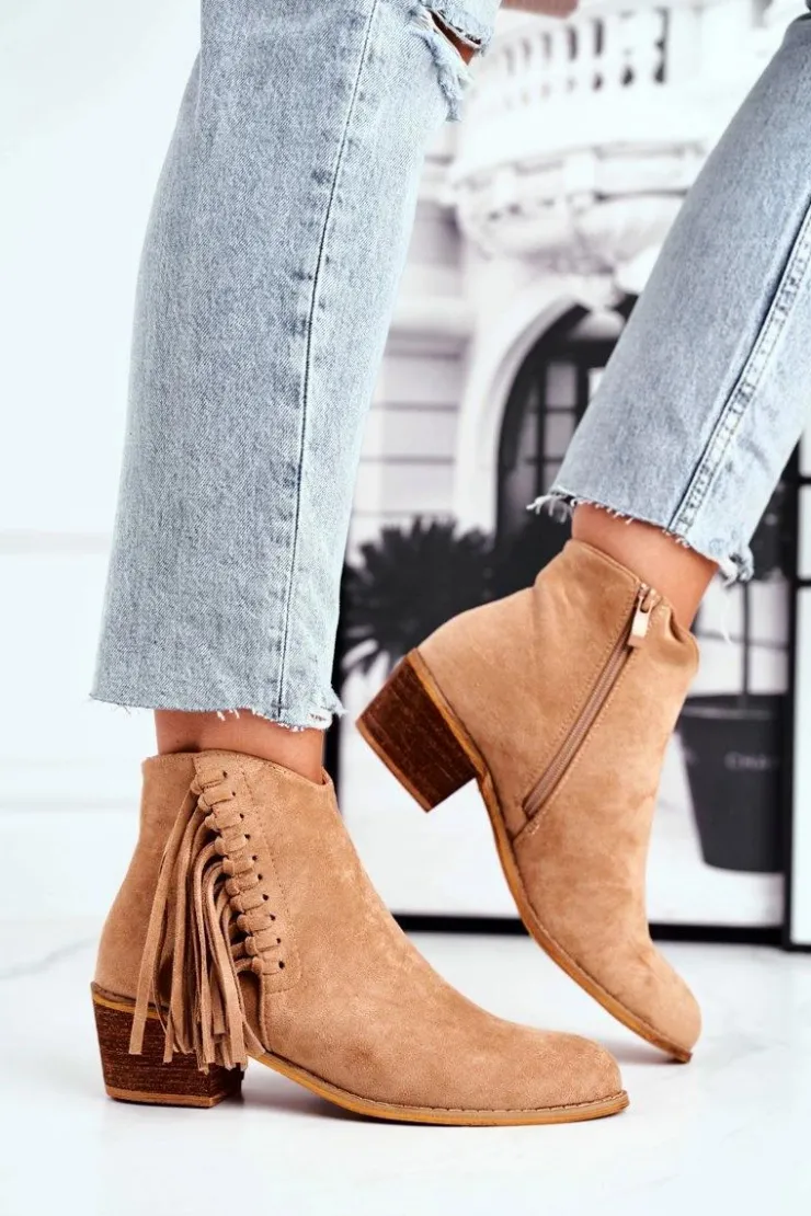 Boto Botki Na Słupku|Czarne Botki*Botki Damskie Na Słupku Z Frędzlami Kowbojki Khaki Mirage