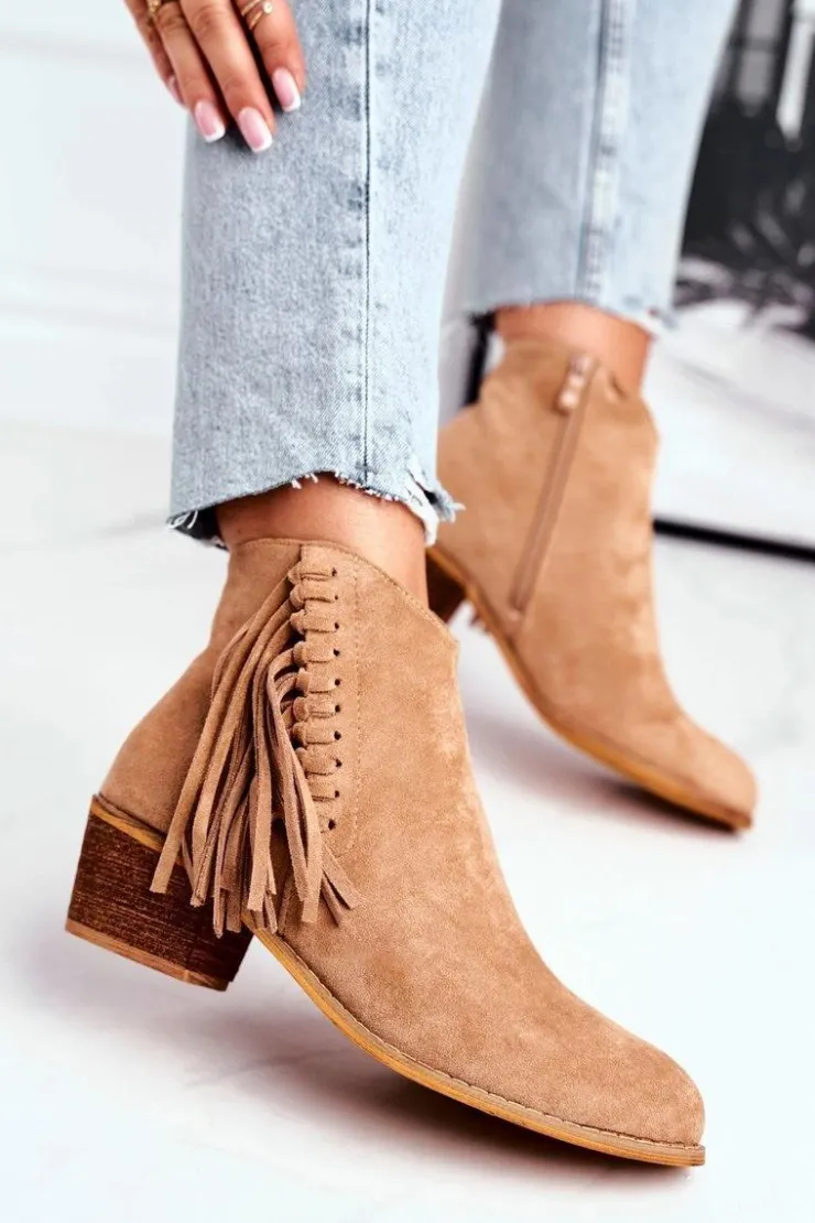 Boto Botki Na Słupku|Czarne Botki*Botki Damskie Na Słupku Z Frędzlami Kowbojki Khaki Mirage