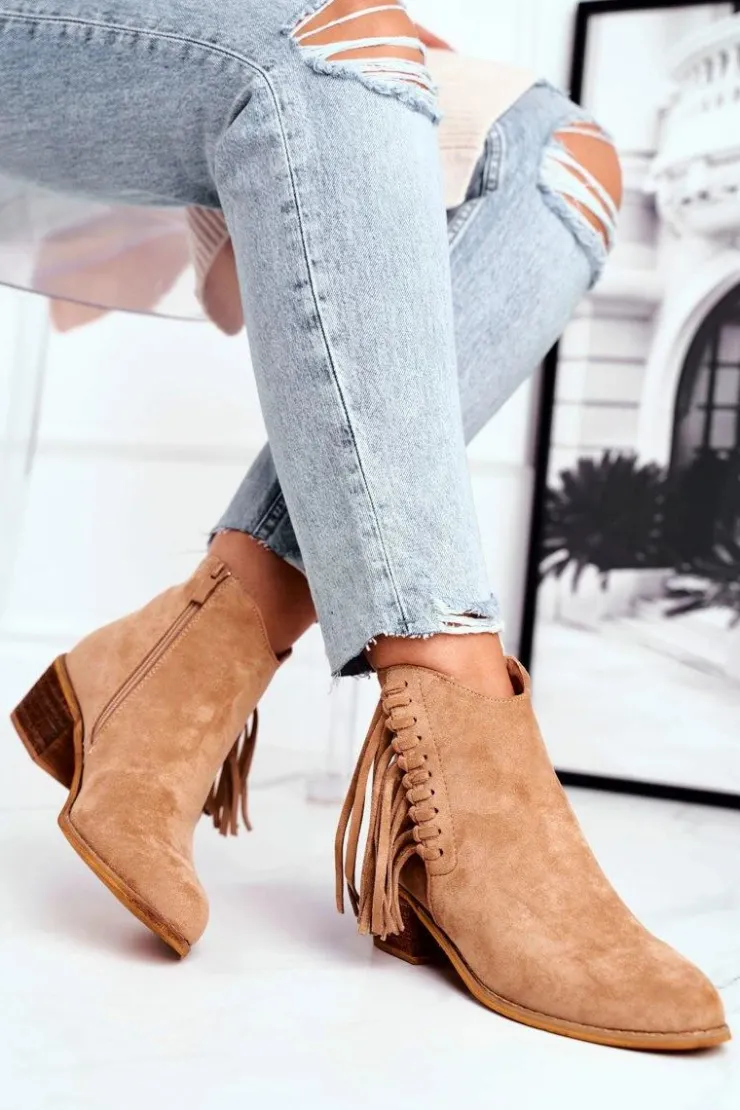 Boto Botki Na Słupku|Czarne Botki*Botki Damskie Na Słupku Z Frędzlami Kowbojki Khaki Mirage