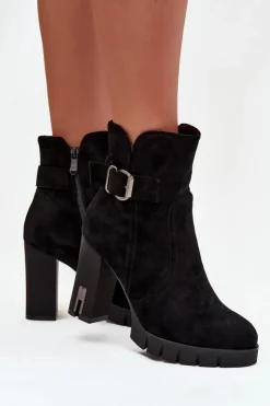 Damskie Boto Botki Damskie Na Słupku Z Klamrą Ocieplane Czarne Selisse