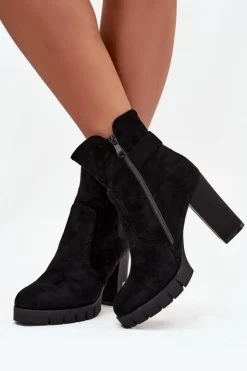 Damskie Boto Botki Damskie Na Słupku Z Klamrą Ocieplane Czarne Selisse