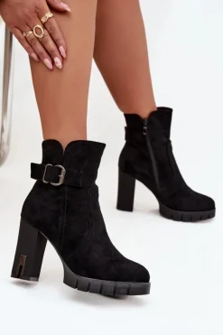 Damskie Boto Botki Damskie Na Słupku Z Klamrą Ocieplane Czarne Selisse