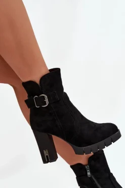 Damskie Boto Botki Damskie Na Słupku Z Klamrą Ocieplane Czarne Selisse