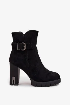 Damskie Boto Botki Damskie Na Słupku Z Klamrą Ocieplane Czarne Selisse