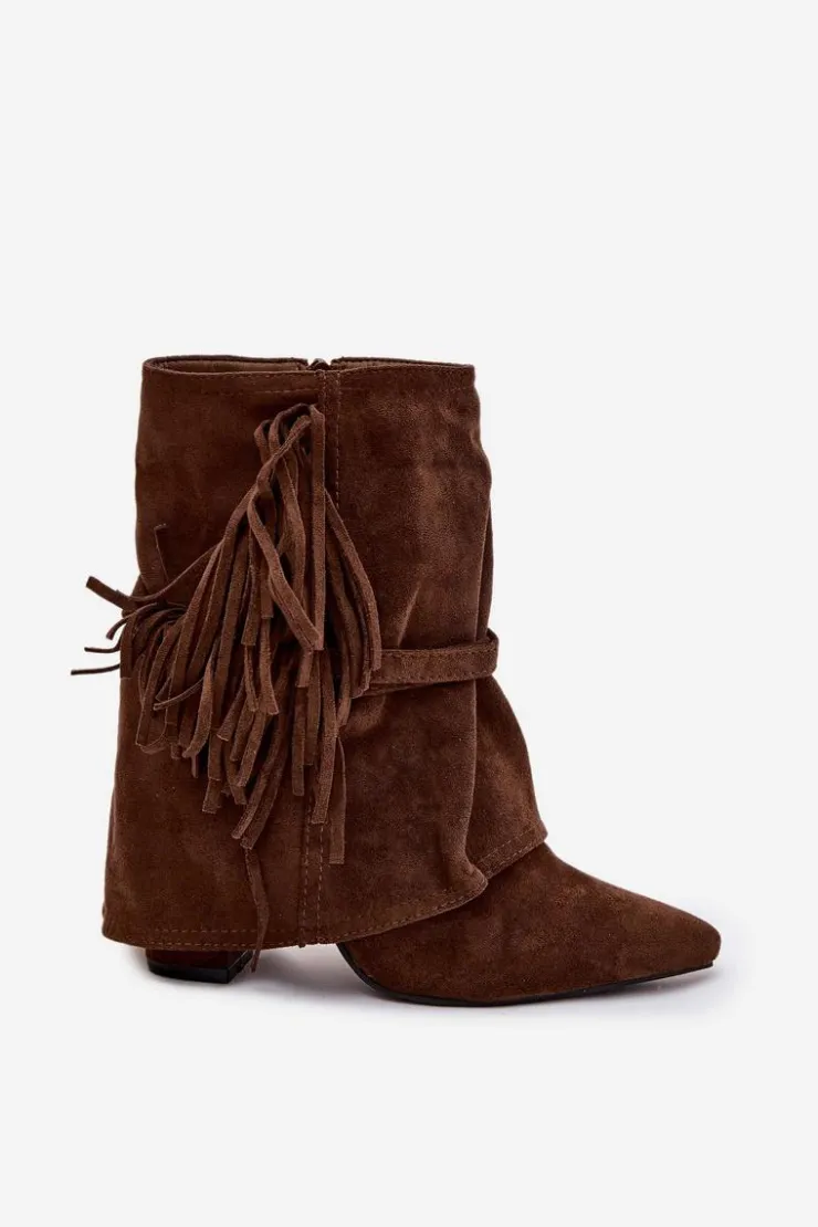 Boto Botki Na Słupku|Czarne Botki*Botki Damskie Na Słupku Z Frędzlami I Złotymi Klamrami Brązowe Evelisse Brązowy