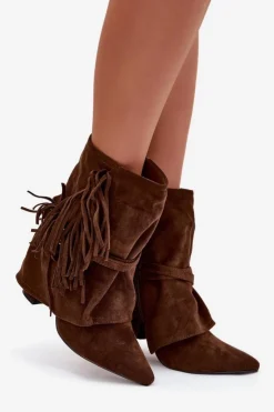 Boto Botki Na Słupku|Czarne Botki*Botki Damskie Na Słupku Z Frędzlami I Złotymi Klamrami Brązowe Evelisse Brązowy