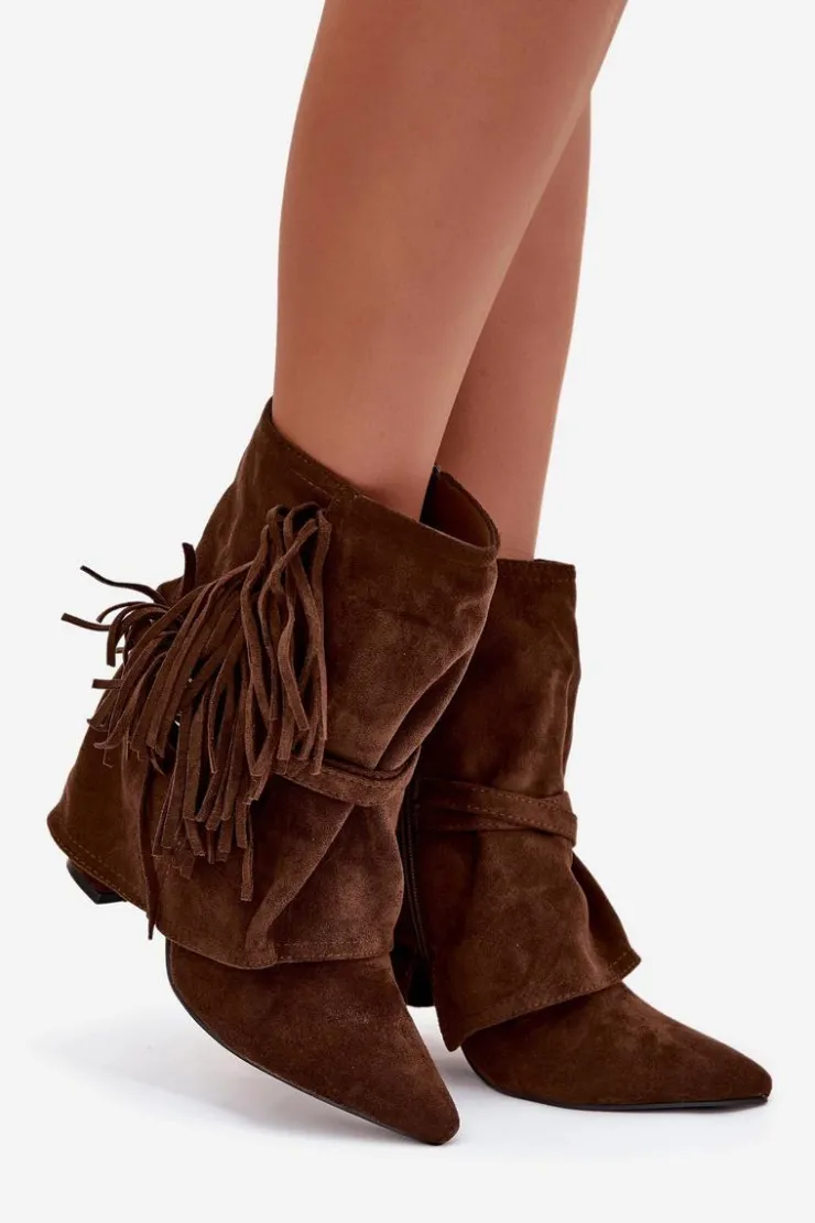 Boto Botki Na Słupku|Czarne Botki*Botki Damskie Na Słupku Z Frędzlami I Złotymi Klamrami Brązowe Evelisse Brązowy